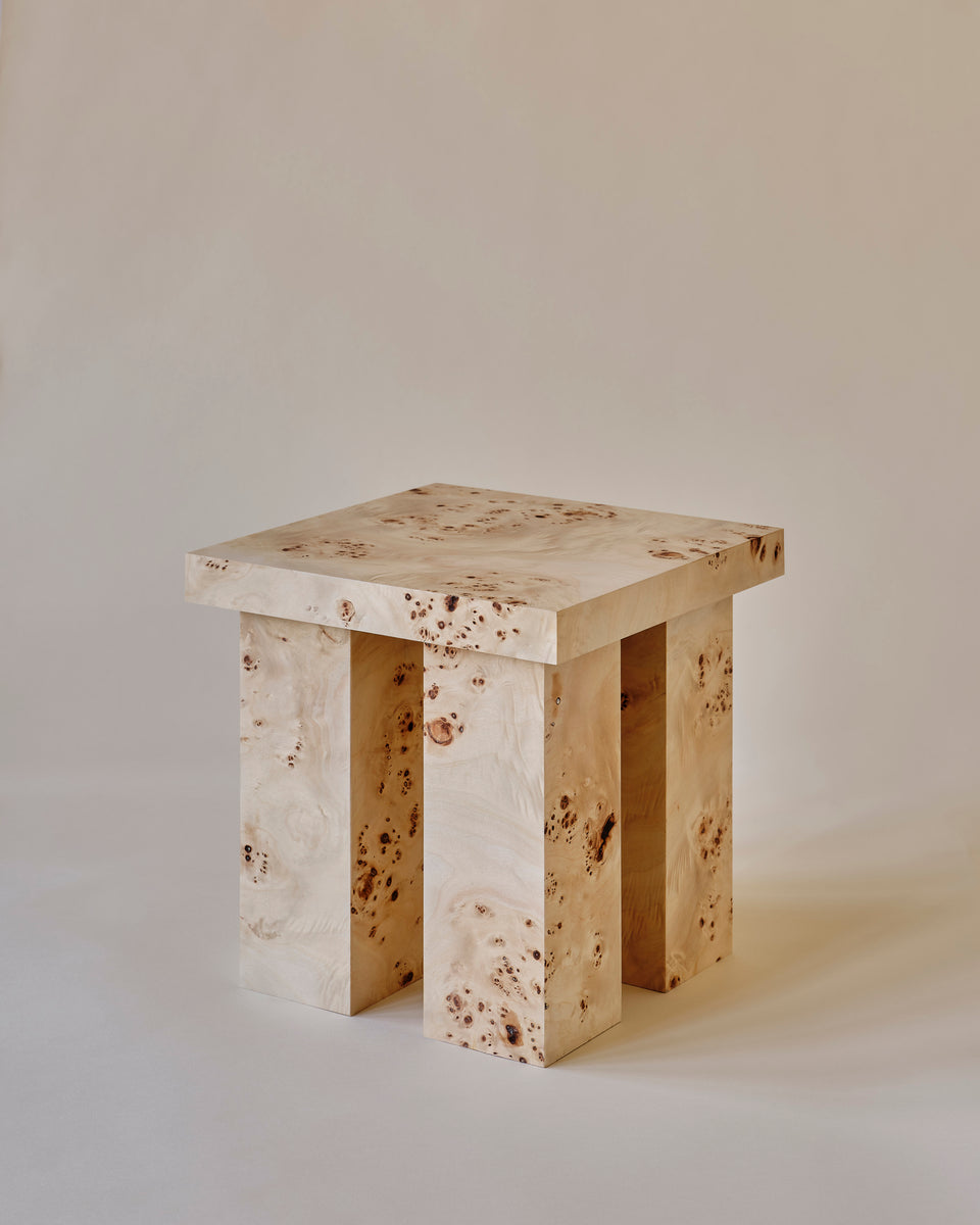 Miter Side Table Burl Angle 1